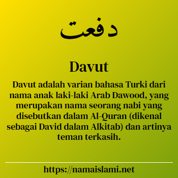arti nama davut yang merupakan nama islami untuk laki-laki dilengkapi dengan tulisan huruf arab dan maknanya