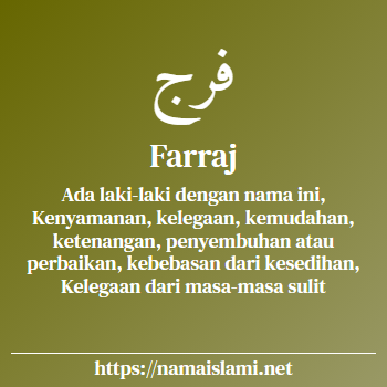 arti nama farraj yang merupakan nama islami untuk laki-laki dilengkapi dengan tulisan huruf arab dan maknanya