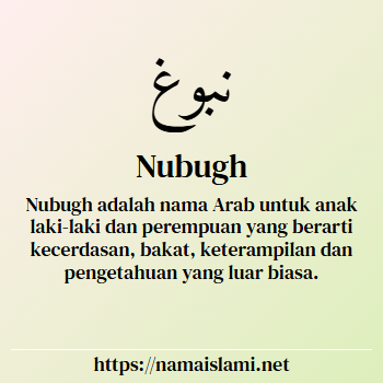 arti nama nubugh yang merupakan nama islami untuk laki-laki dilengkapi dengan tulisan huruf arab dan maknanya