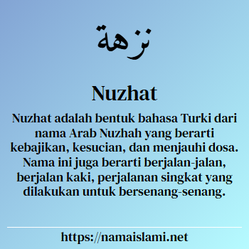 arti nama nuzhat yang merupakan nama islami untuk laki-laki dilengkapi dengan tulisan huruf arab dan maknanya