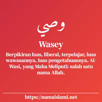 arti nama wasey yang merupakan nama islami untuk laki-laki dilengkapi dengan tulisan huruf arab dan maknanya