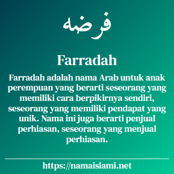 arti nama farradah yang merupakan nama islami untuk perempuan dilengkapi dengan tulisan huruf arab
