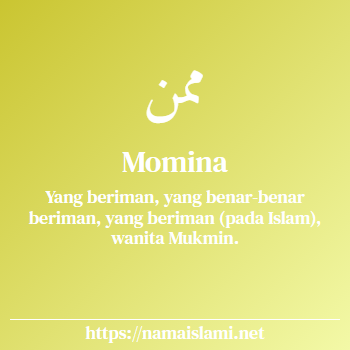 arti nama momina yang merupakan nama islami untuk perempuan dilengkapi dengan tulisan huruf arab