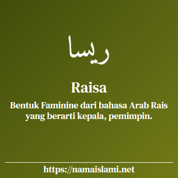 arti nama raisa yang merupakan nama islami untuk perempuan dilengkapi dengan tulisan huruf arab